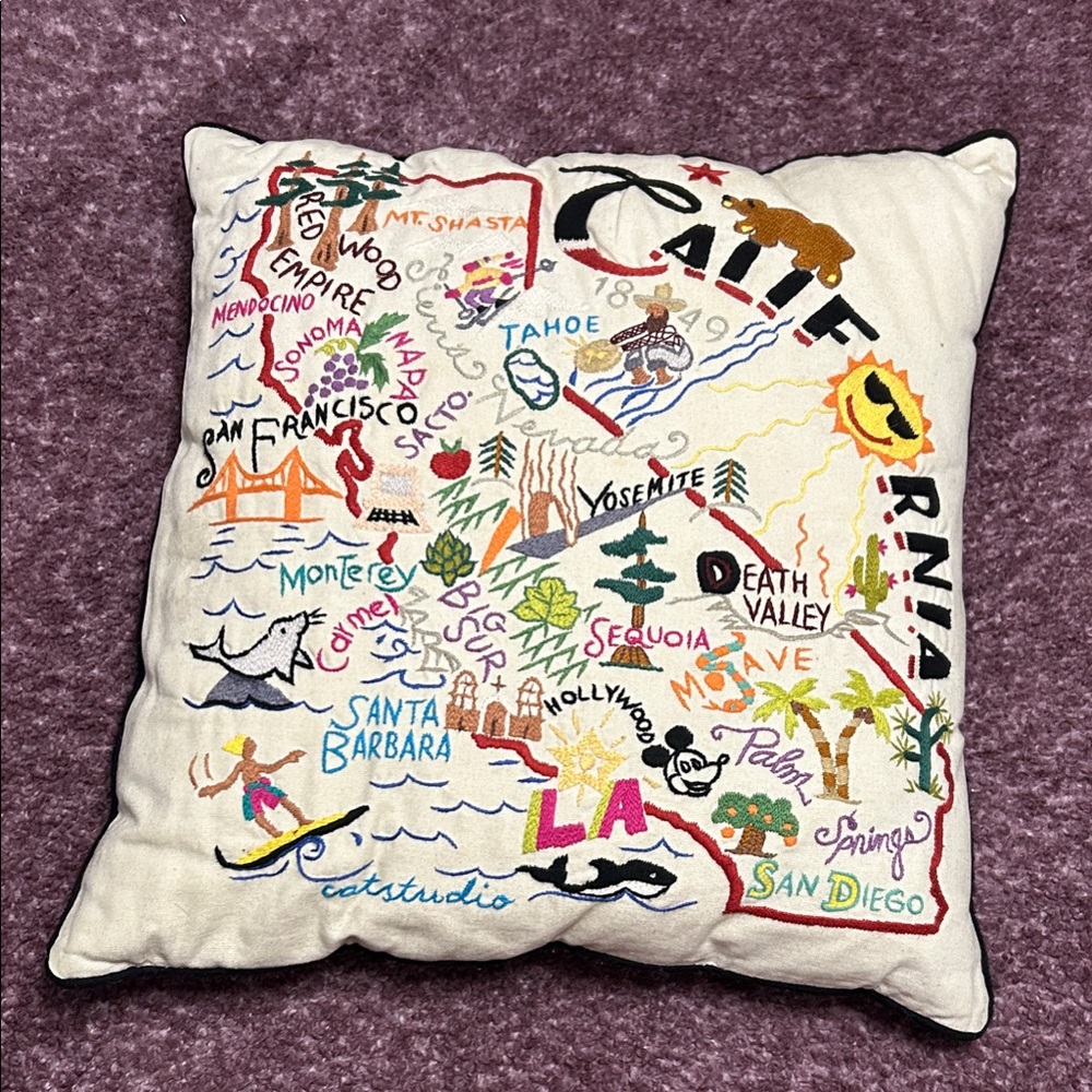 Hand-embroidered Catstudio California state pillow